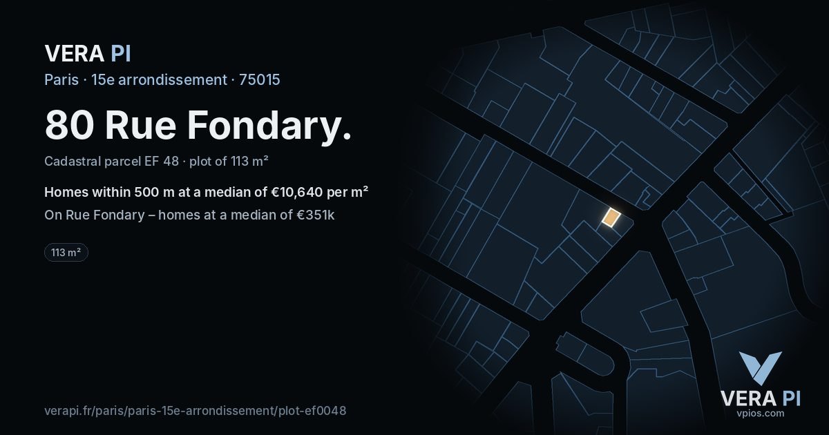 80 Rue Fondary, 15e arrondissement at night – the plot lit, the parcels around coloured by the prices near them