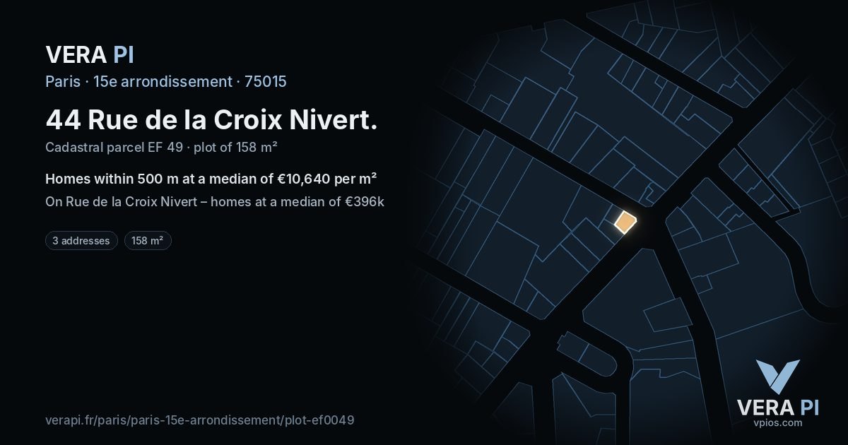 44 Rue de la Croix Nivert, 15e arrondissement at night – the plot lit, the parcels around coloured by the prices near them