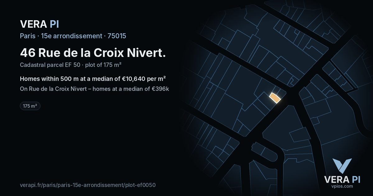 46 Rue de la Croix Nivert, 15e arrondissement at night – the plot lit, the parcels around coloured by the prices near them
