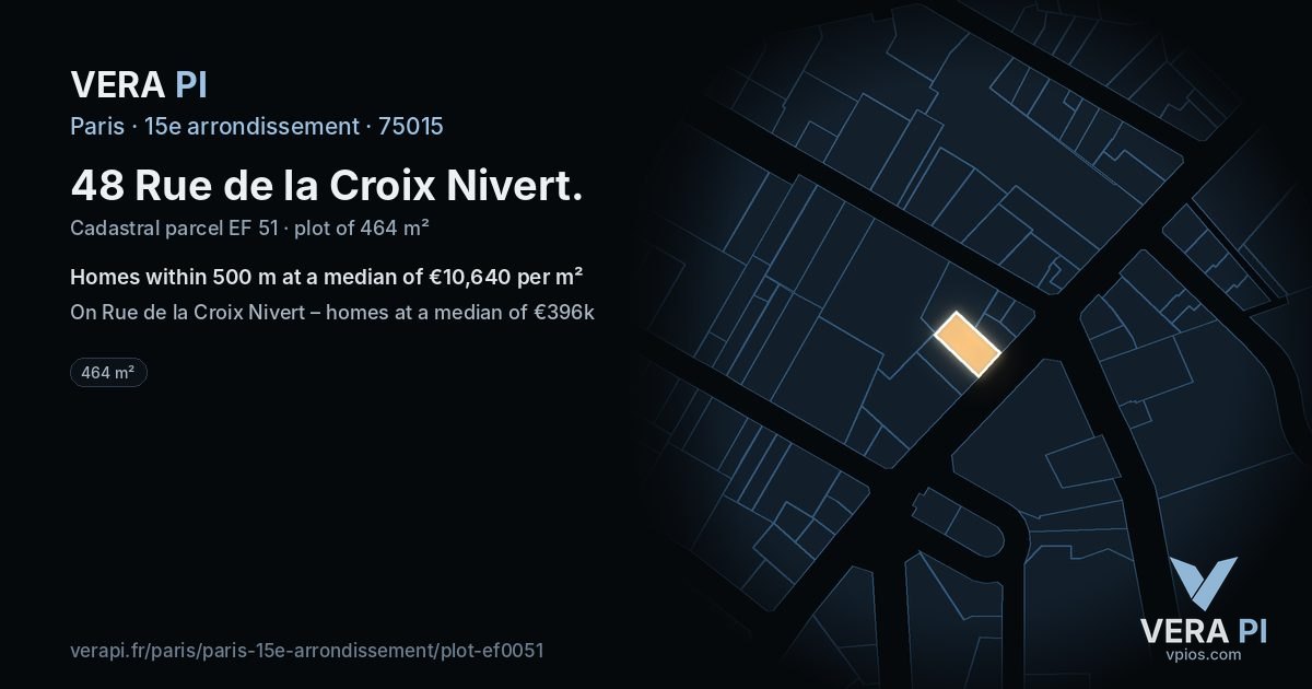 48 Rue de la Croix Nivert, 15e arrondissement at night – the plot lit, the parcels around coloured by the prices near them