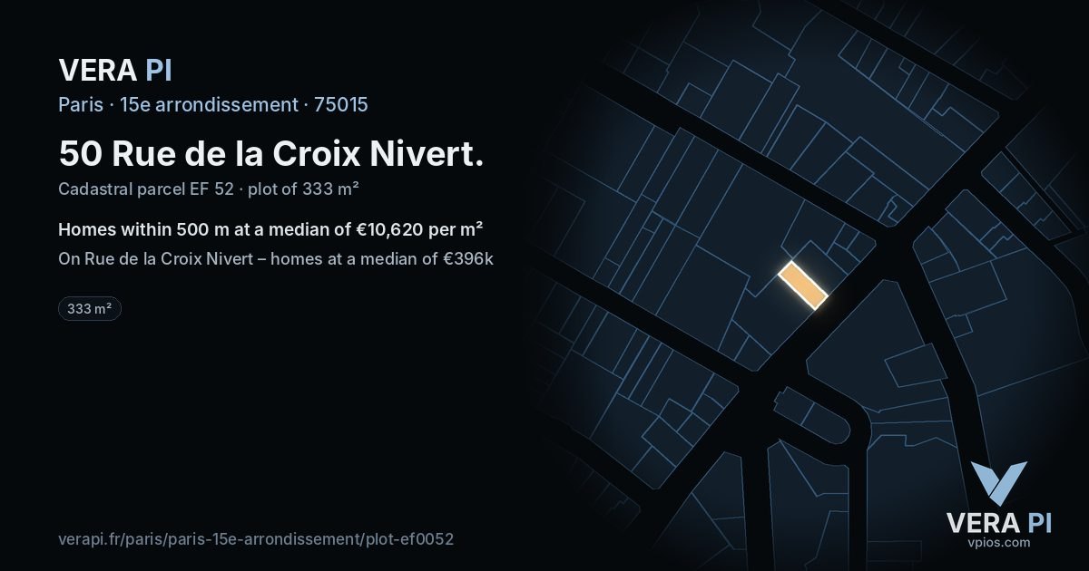 50 Rue de la Croix Nivert, 15e arrondissement at night – the plot lit, the parcels around coloured by the prices near them