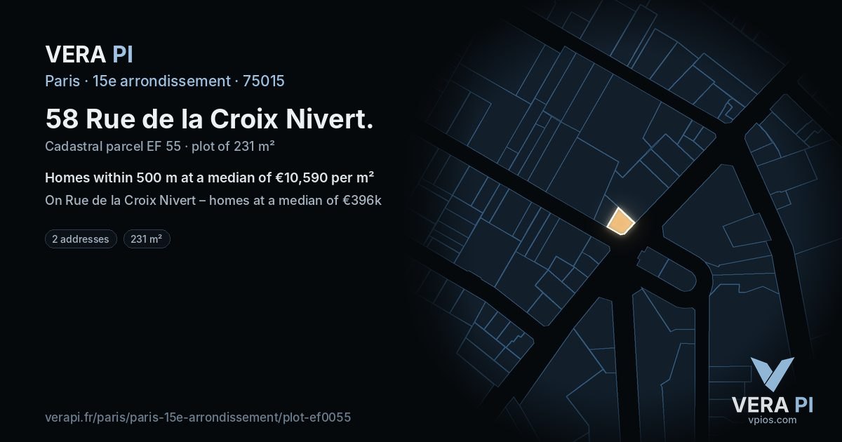 58 Rue de la Croix Nivert, 15e arrondissement at night – the plot lit, the parcels around coloured by the prices near them