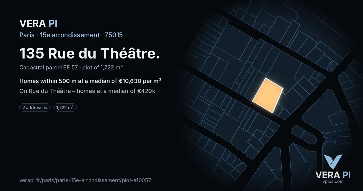 135 Rue du Théâtre, 15e arrondissement at night – the plot lit, the parcels around coloured by the prices near them