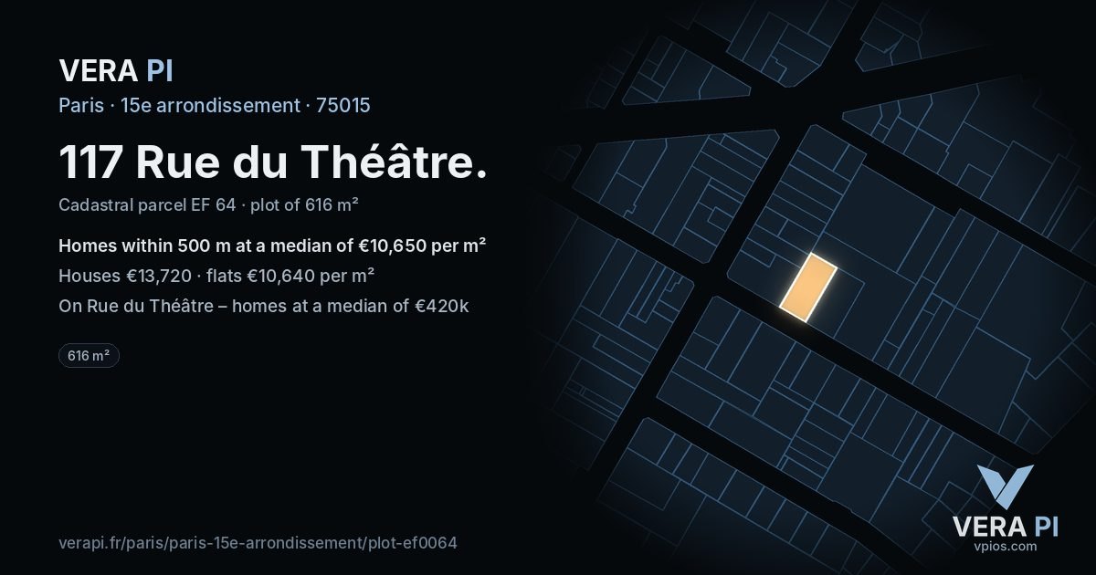 117 Rue du Théâtre, 15e arrondissement at night – the plot lit, the parcels around coloured by the prices near them