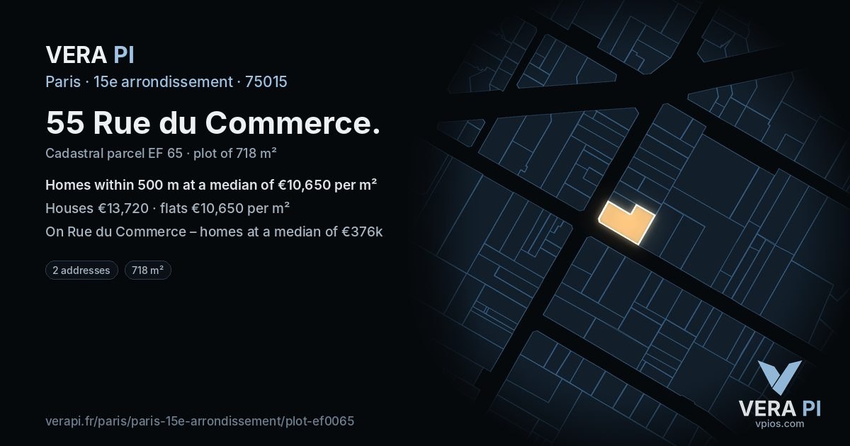 55 Rue du Commerce, 15e arrondissement at night – the plot lit, the parcels around coloured by the prices near them