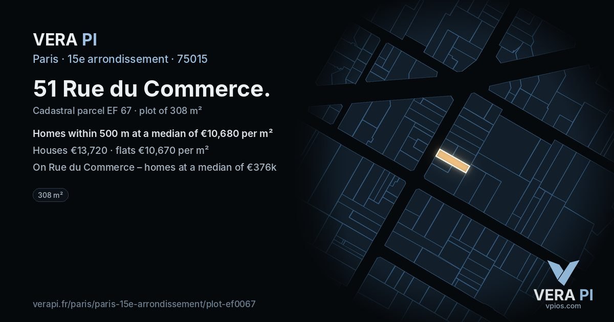 51 Rue du Commerce, 15e arrondissement at night – the plot lit, the parcels around coloured by the prices near them