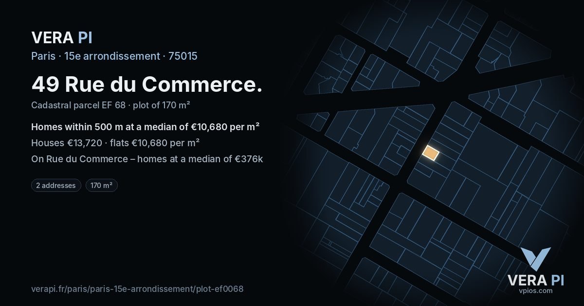 49 Rue du Commerce, 15e arrondissement at night – the plot lit, the parcels around coloured by the prices near them