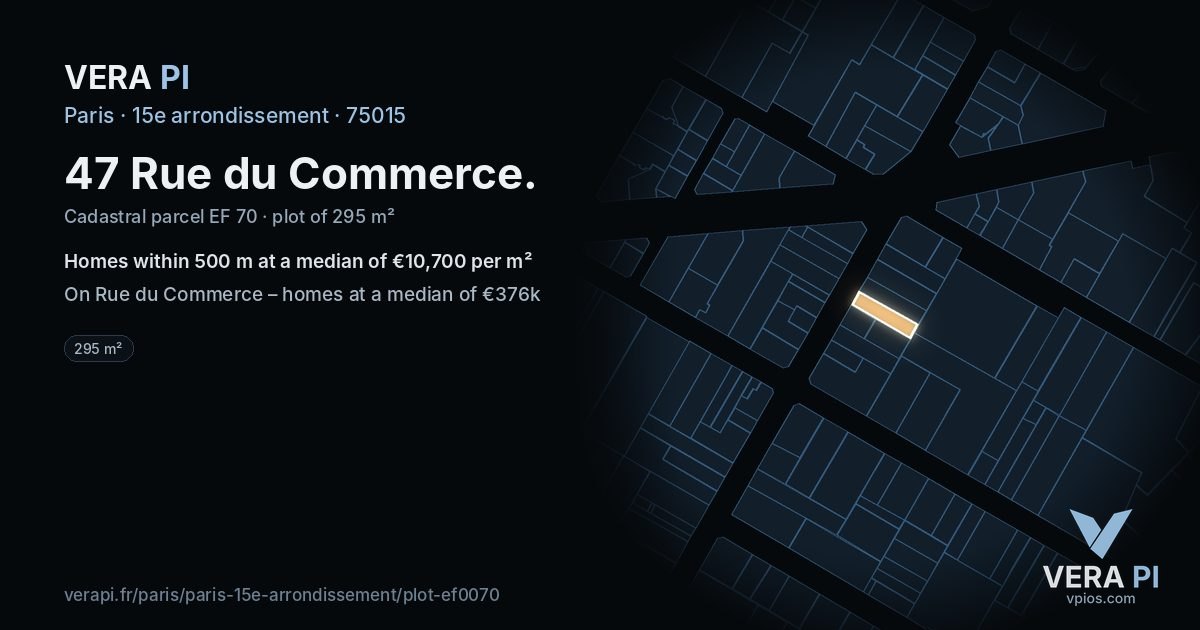 47 Rue du Commerce, 15e arrondissement at night – the plot lit, the parcels around coloured by the prices near them