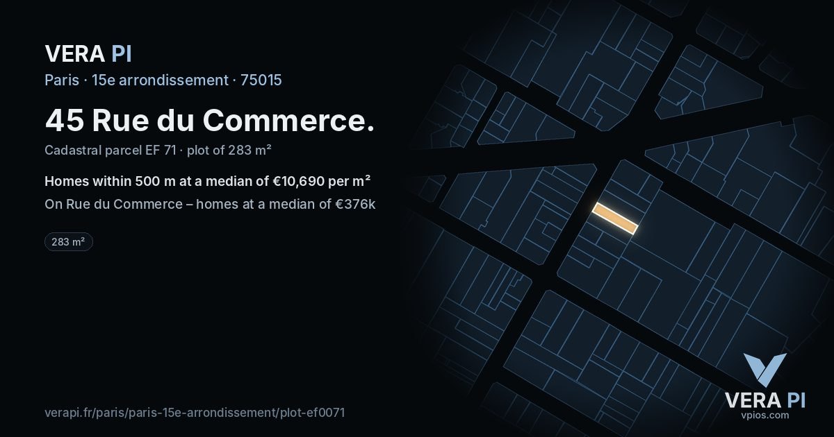 45 Rue du Commerce, 15e arrondissement at night – the plot lit, the parcels around coloured by the prices near them