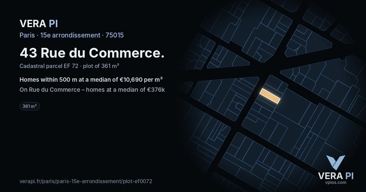 43 Rue du Commerce, 15e arrondissement at night – the plot lit, the parcels around coloured by the prices near them