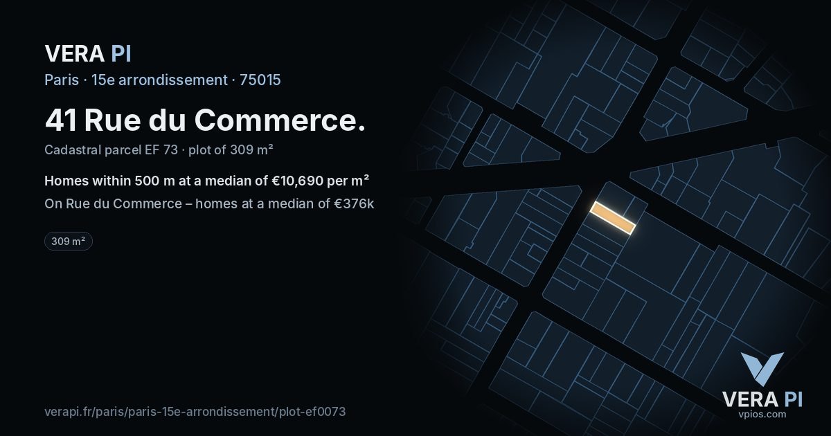 41 Rue du Commerce, 15e arrondissement at night – the plot lit, the parcels around coloured by the prices near them