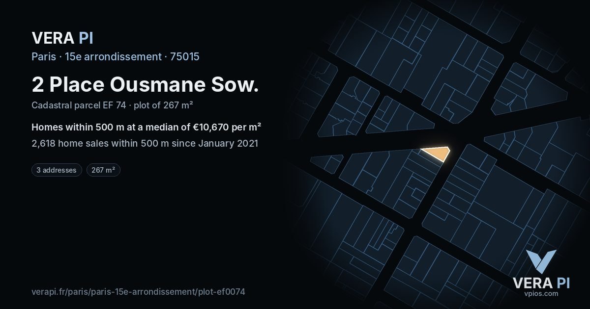 2 Place Ousmane Sow, 15e arrondissement at night – the plot lit, the parcels around coloured by the prices near them