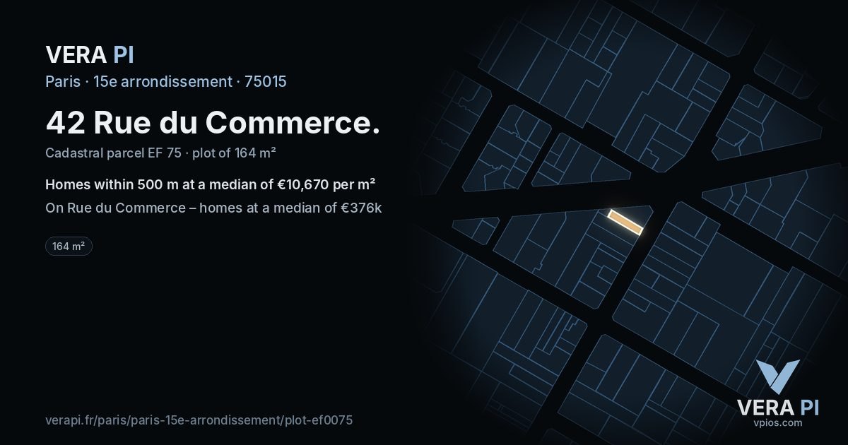 42 Rue du Commerce, 15e arrondissement at night – the plot lit, the parcels around coloured by the prices near them