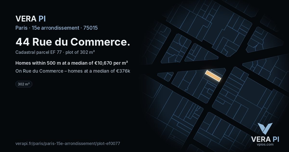 44 Rue du Commerce, 15e arrondissement at night – the plot lit, the parcels around coloured by the prices near them