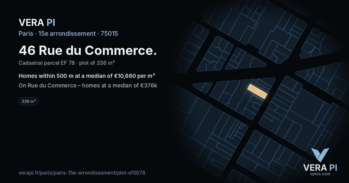 46 Rue du Commerce, 15e arrondissement at night – the plot lit, the parcels around coloured by the prices near them