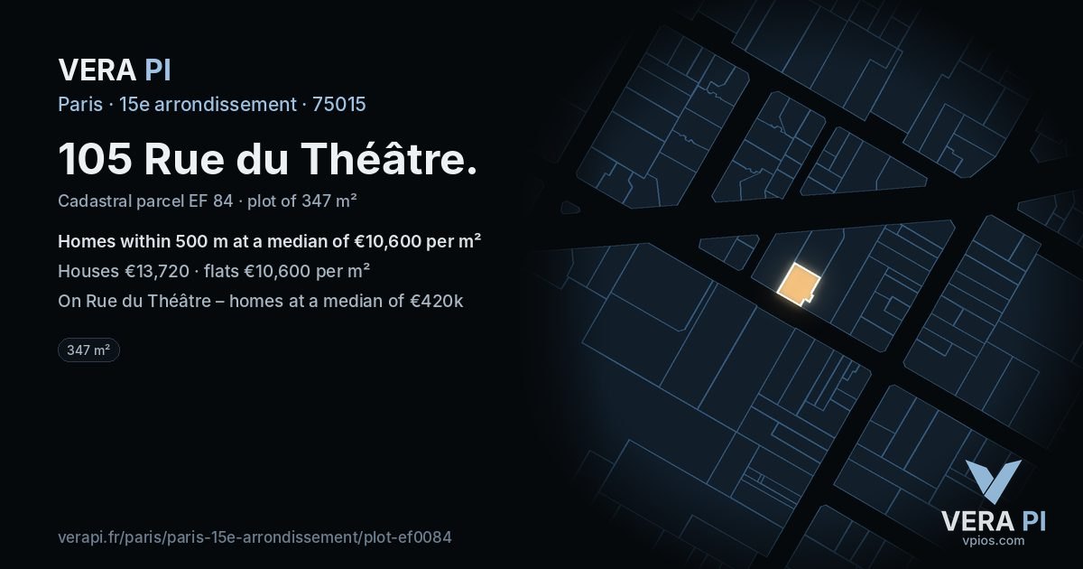 105 Rue du Théâtre, 15e arrondissement at night – the plot lit, the parcels around coloured by the prices near them