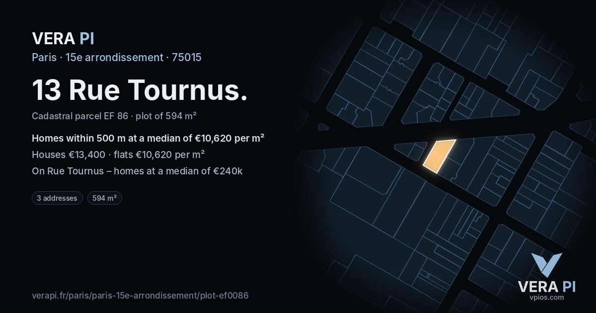 13 Rue Tournus, 15e arrondissement at night – the plot lit, the parcels around coloured by the prices near them