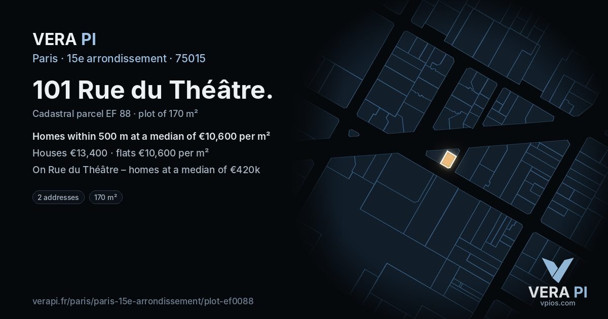 101 Rue du Théâtre, 15e arrondissement at night – the plot lit, the parcels around coloured by the prices near them