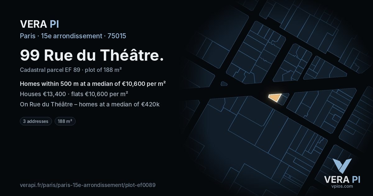 99 Rue du Théâtre, 15e arrondissement at night – the plot lit, the parcels around coloured by the prices near them