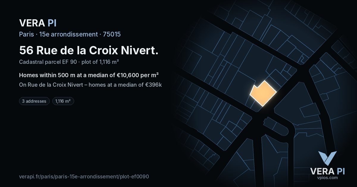 56 Rue de la Croix Nivert, 15e arrondissement at night – the plot lit, the parcels around coloured by the prices near them