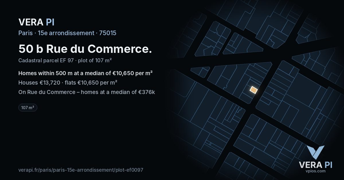 50 b Rue du Commerce, 15e arrondissement at night – the plot lit, the parcels around coloured by the prices near them