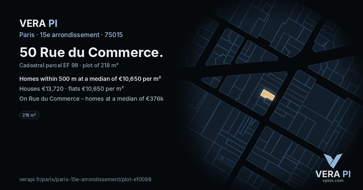 50 Rue du Commerce, 15e arrondissement at night – the plot lit, the parcels around coloured by the prices near them