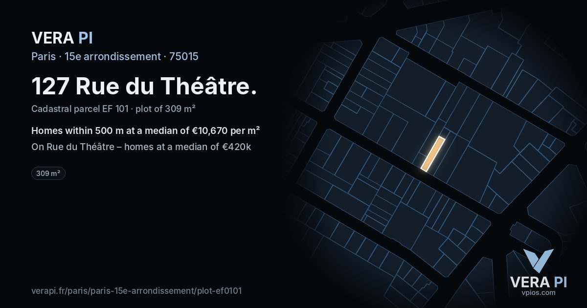 127 Rue du Théâtre, 15e arrondissement at night – the plot lit, the parcels around coloured by the prices near them