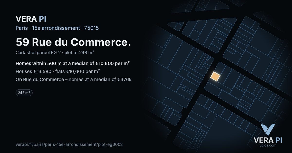 59 Rue du Commerce, 15e arrondissement at night – the plot lit, the parcels around coloured by the prices near them