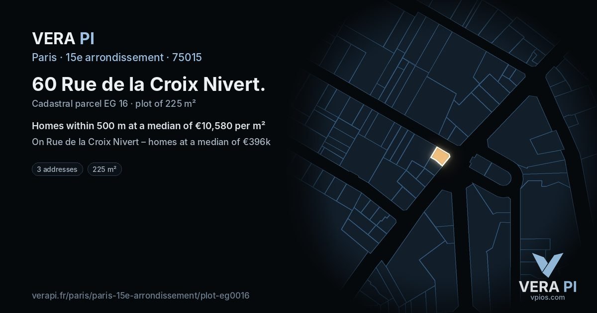 60 Rue de la Croix Nivert, 15e arrondissement at night – the plot lit, the parcels around coloured by the prices near them