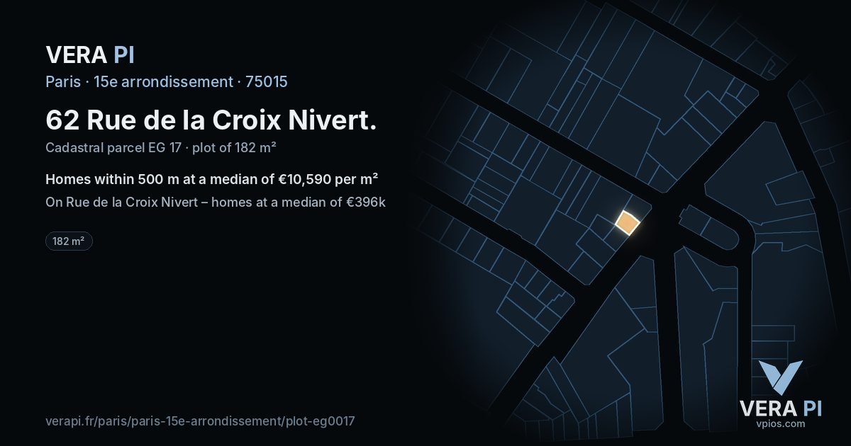 62 Rue de la Croix Nivert, 15e arrondissement at night – the plot lit, the parcels around coloured by the prices near them