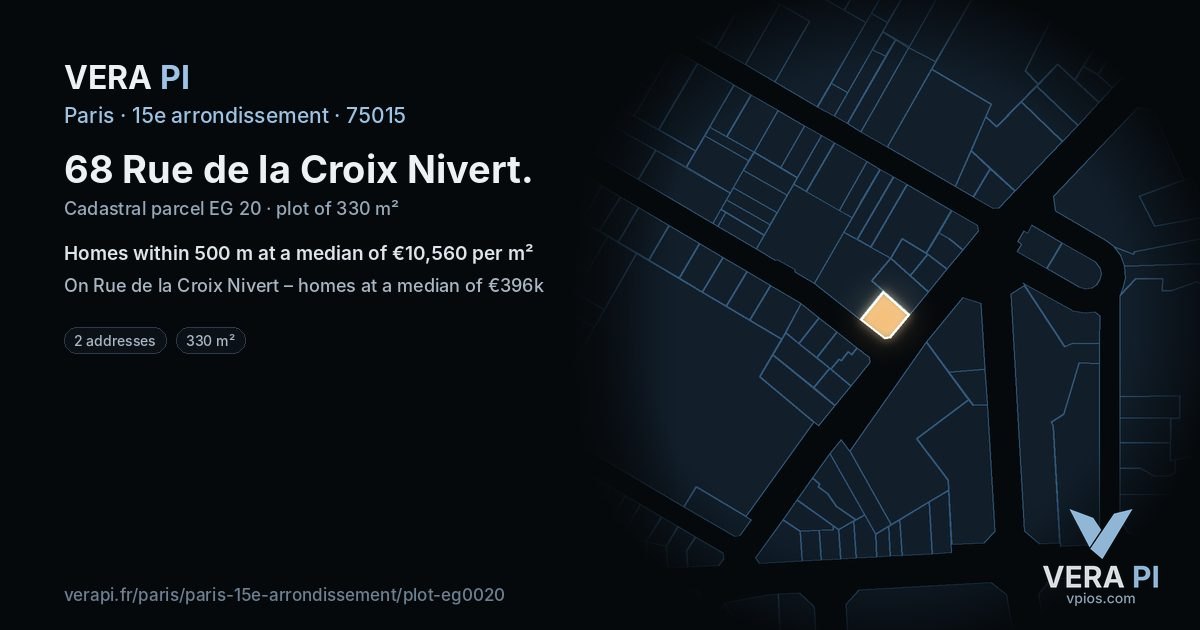 68 Rue de la Croix Nivert, 15e arrondissement at night – the plot lit, the parcels around coloured by the prices near them