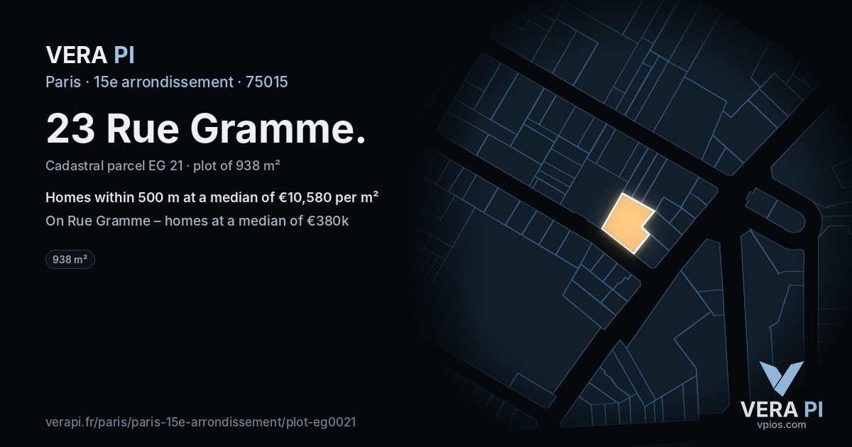 23 Rue Gramme, 15e arrondissement at night – the plot lit, the parcels around coloured by the prices near them