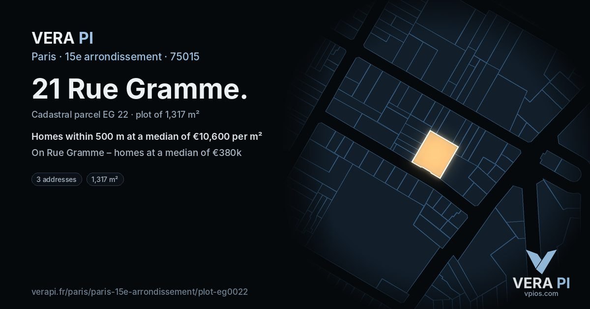 21 Rue Gramme, 15e arrondissement at night – the plot lit, the parcels around coloured by the prices near them