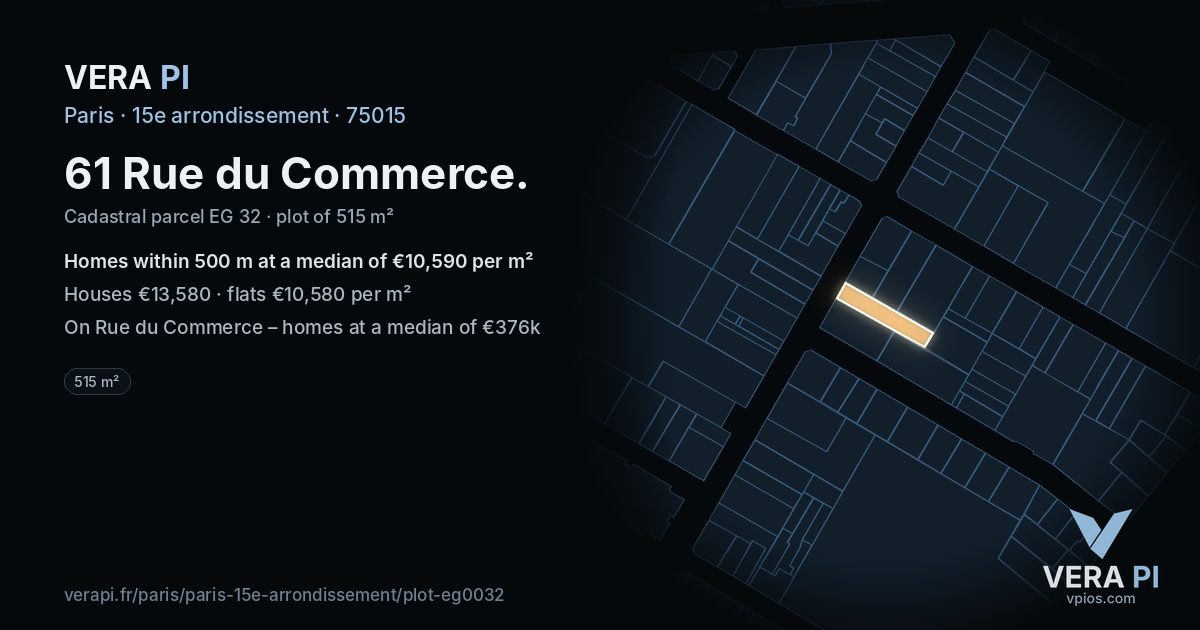 61 Rue du Commerce, 15e arrondissement at night – the plot lit, the parcels around coloured by the prices near them