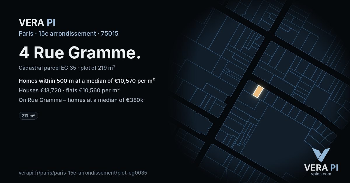 4 Rue Gramme, 15e arrondissement at night – the plot lit, the parcels around coloured by the prices near them