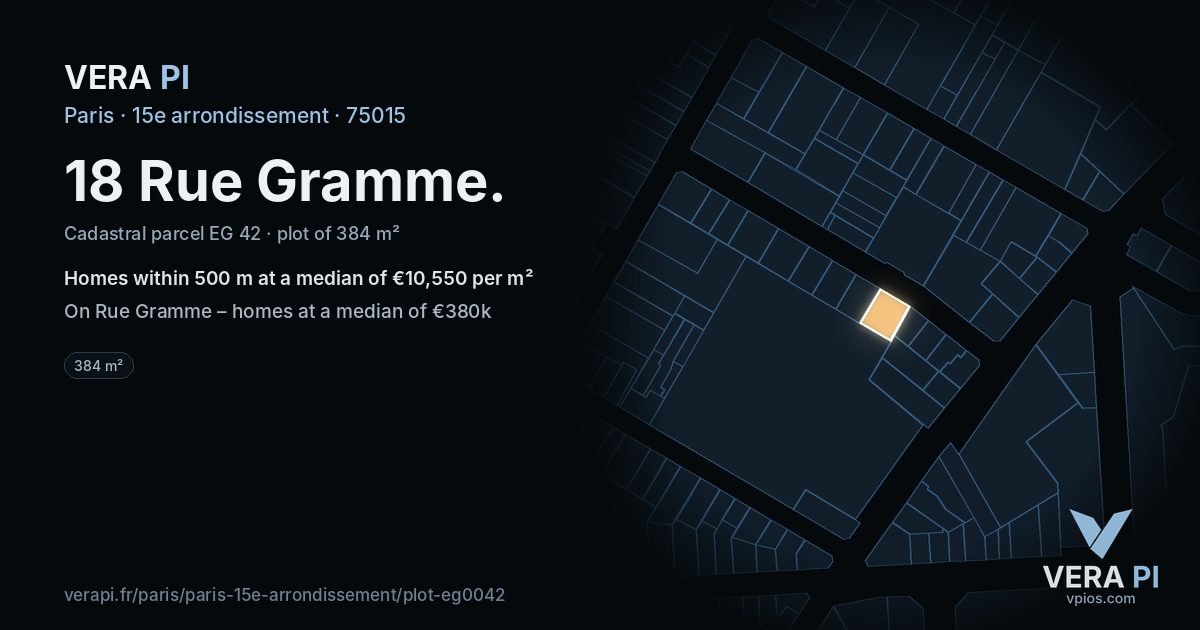 18 Rue Gramme, 15e arrondissement at night – the plot lit, the parcels around coloured by the prices near them