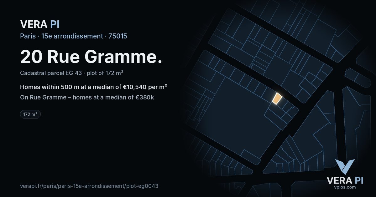 20 Rue Gramme, 15e arrondissement at night – the plot lit, the parcels around coloured by the prices near them