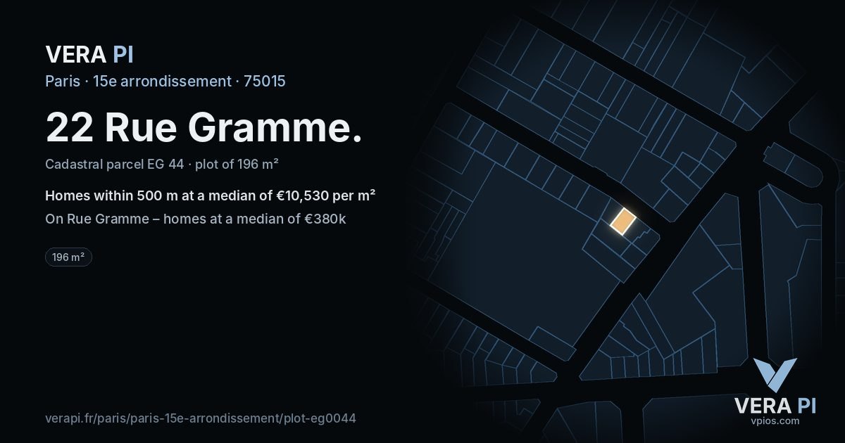 22 Rue Gramme, 15e arrondissement at night – the plot lit, the parcels around coloured by the prices near them