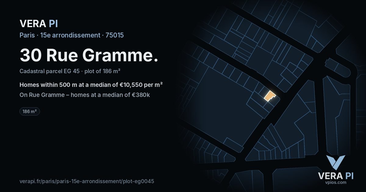 30 Rue Gramme, 15e arrondissement at night – the plot lit, the parcels around coloured by the prices near them
