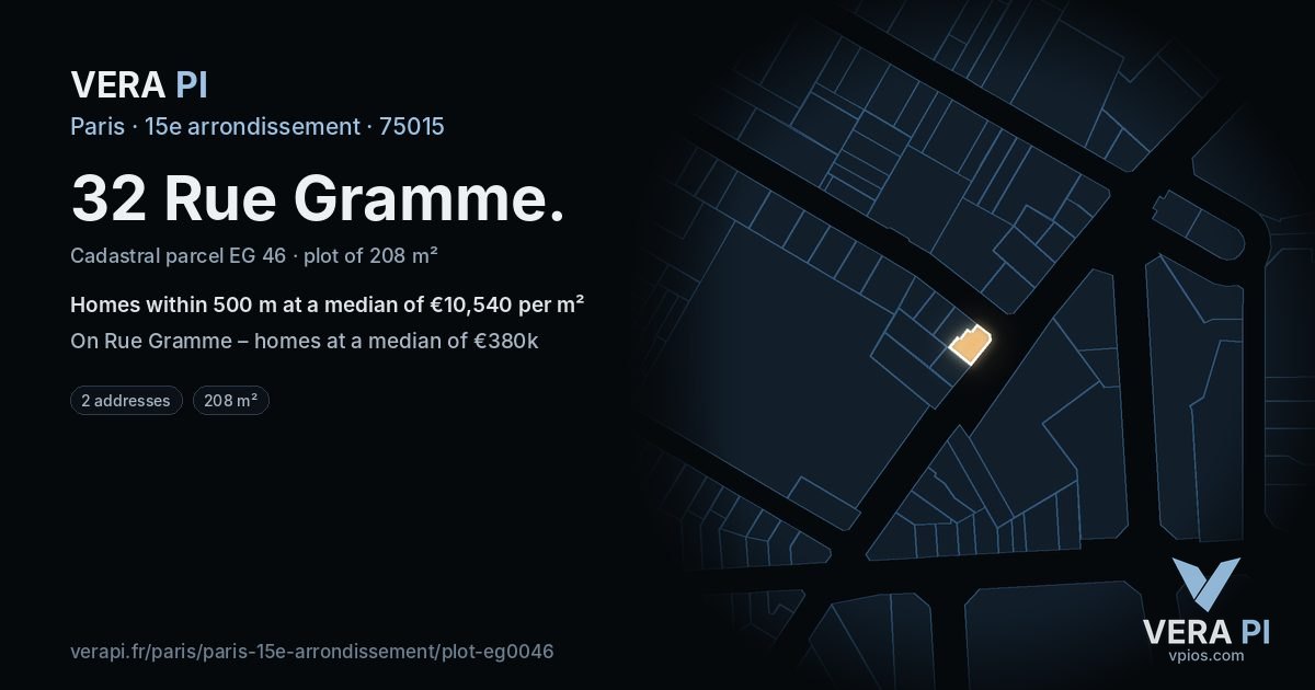 32 Rue Gramme, 15e arrondissement at night – the plot lit, the parcels around coloured by the prices near them