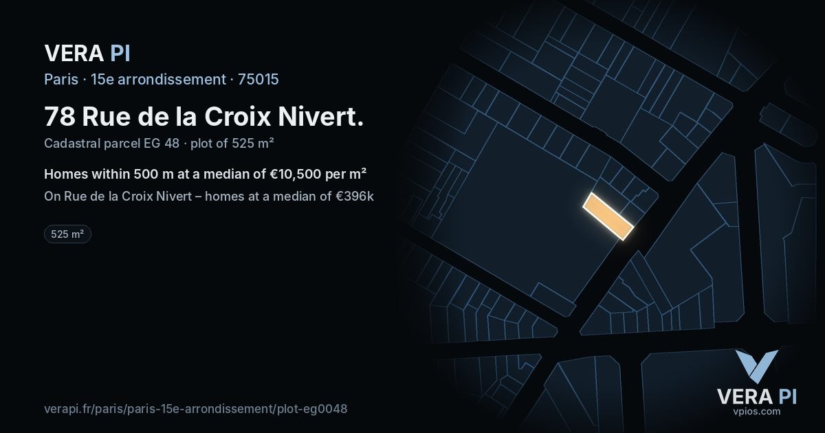 78 Rue de la Croix Nivert, 15e arrondissement at night – the plot lit, the parcels around coloured by the prices near them