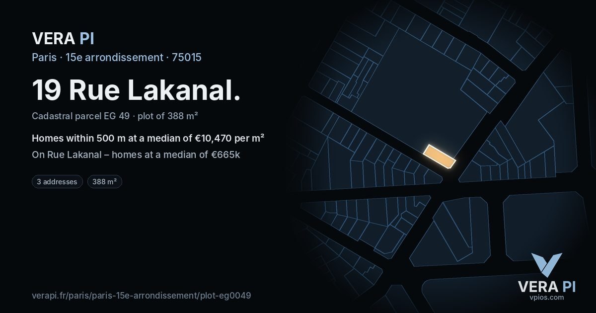 19 Rue Lakanal, 15e arrondissement at night – the plot lit, the parcels around coloured by the prices near them