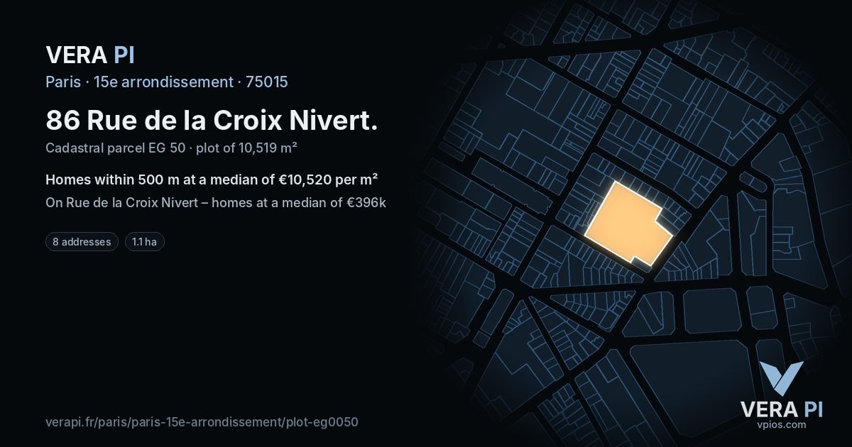 86 Rue de la Croix Nivert, 15e arrondissement at night – the plot lit, the parcels around coloured by the prices near them
