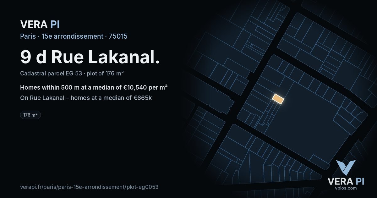 9 d Rue Lakanal, 15e arrondissement at night – the plot lit, the parcels around coloured by the prices near them