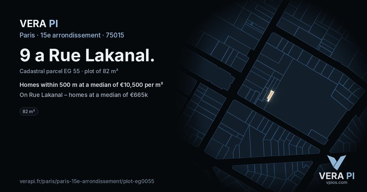 9 a Rue Lakanal, 15e arrondissement at night – the plot lit, the parcels around coloured by the prices near them