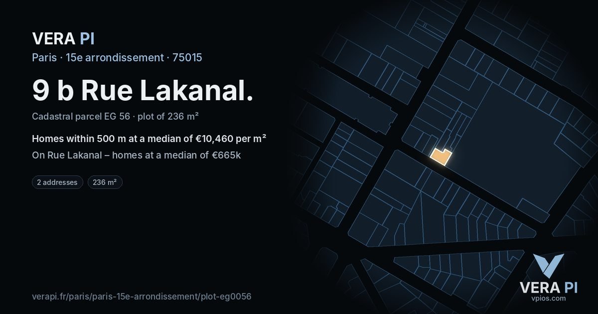 9 b Rue Lakanal, 15e arrondissement at night – the plot lit, the parcels around coloured by the prices near them