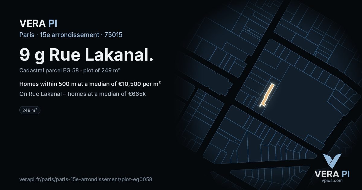 9 g Rue Lakanal, 15e arrondissement at night – the plot lit, the parcels around coloured by the prices near them