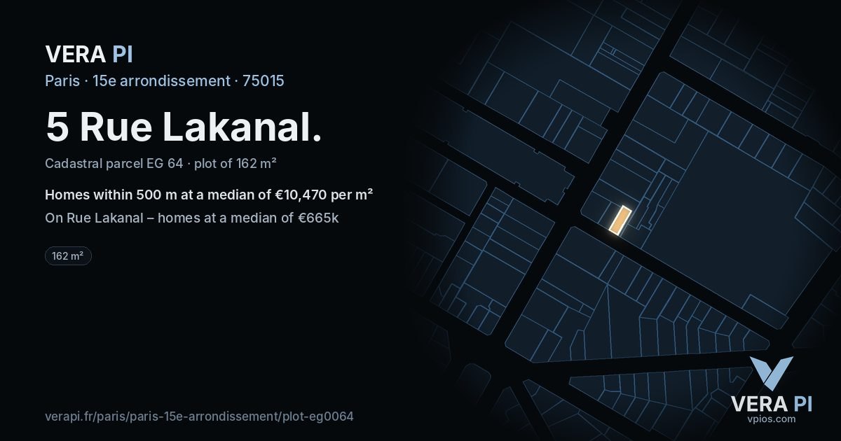 5 Rue Lakanal, 15e arrondissement at night – the plot lit, the parcels around coloured by the prices near them