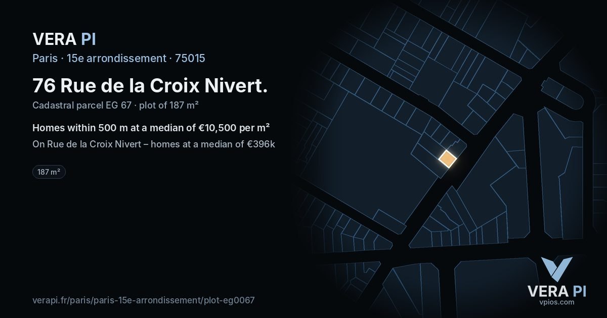 76 Rue de la Croix Nivert, 15e arrondissement at night – the plot lit, the parcels around coloured by the prices near them
