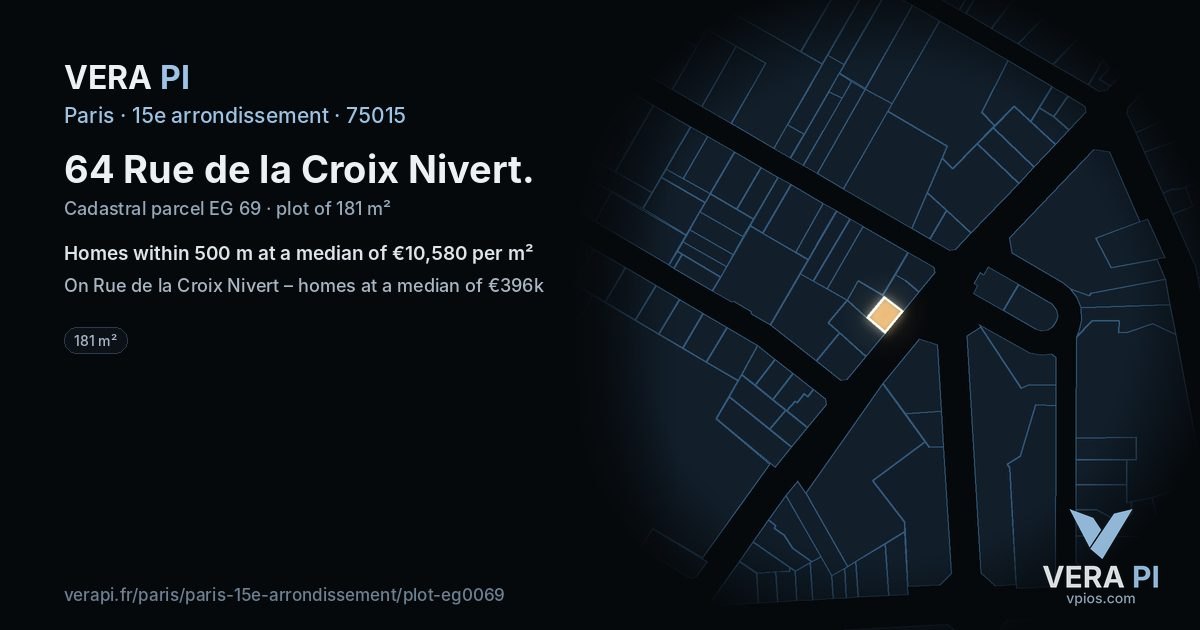 64 Rue de la Croix Nivert, 15e arrondissement at night – the plot lit, the parcels around coloured by the prices near them